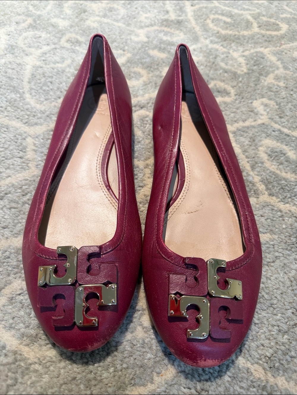 Tory Burch Women's Burgundy Leather Ballet Flats with Gold Logo